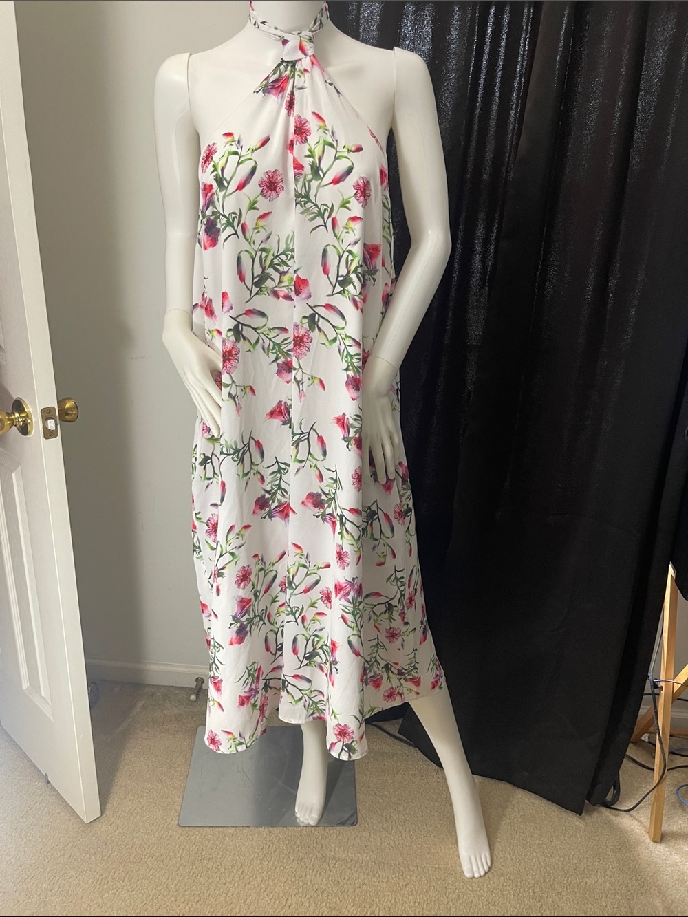 INC Halter Neck Floral Midi Dress - White with Pink Floral